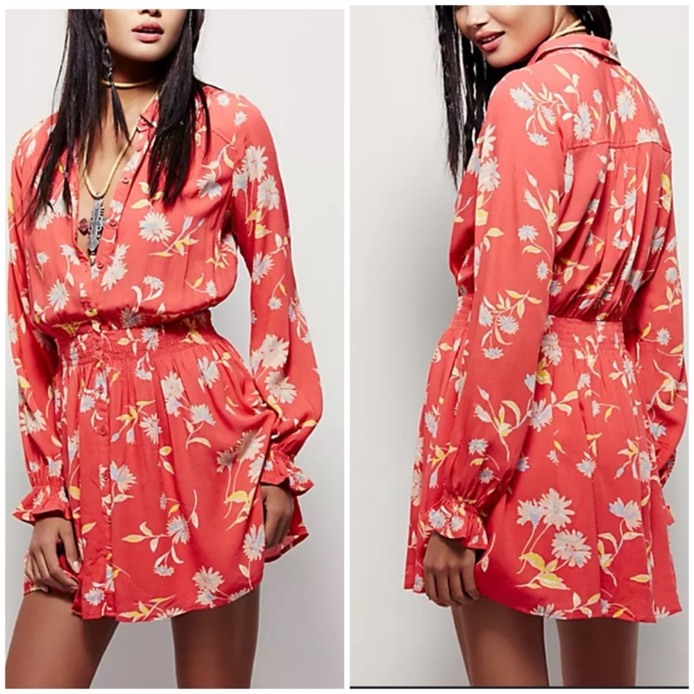 Free People Coral Floral Long-Sleeve Smock Waist Dress